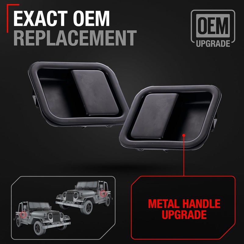 T1A Exterior Door Handle Set, Front Driver + Passenger Door Handle - Compatible with 1997-2006 Jeep Wrangler, Full Door Type - Black, Metal, 55176382AE, 55176382AB, 55176383AE, 55176383AB, 79398, 79399 - Image 2
